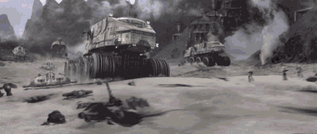 a black and white photo of a military vehicle with a few dead bodies in the foreground