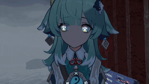 a girl with green hair has a necklace with a ying yang symbol