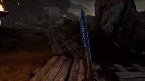 a video game is being played and a sword is being thrown