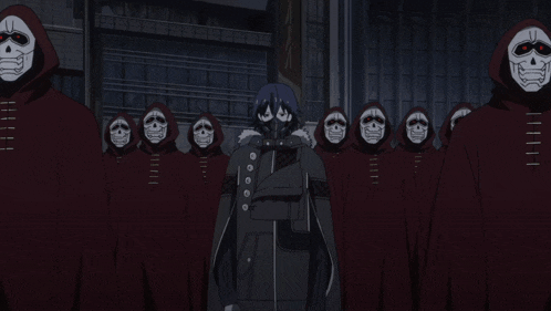 a group of people with skull masks are standing in a dark room