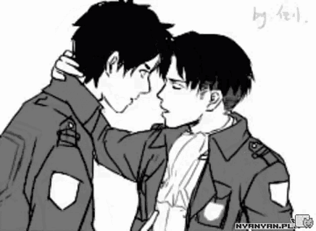 a black and white drawing of a man kissing another man with nyannyan.pl written on the bottom