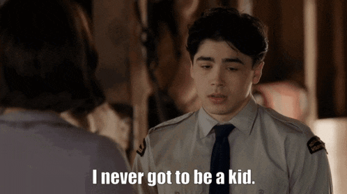 a man talking to a woman with the words i never got to be a kid