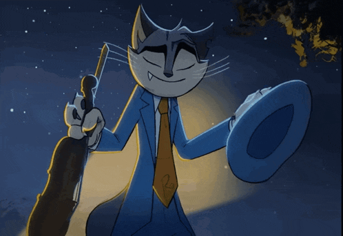 a cartoon drawing of a raccoon wearing a hat and tie