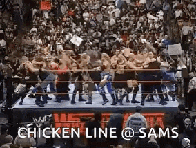 a crowd of people watching a wrestling match with the words chicken line @ sams