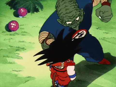 a cartoon of a man standing next to a boy with a badge on his back