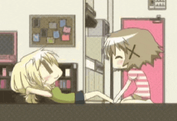 a couple of anime girls are laying on a bed and one has a cross on her forehead