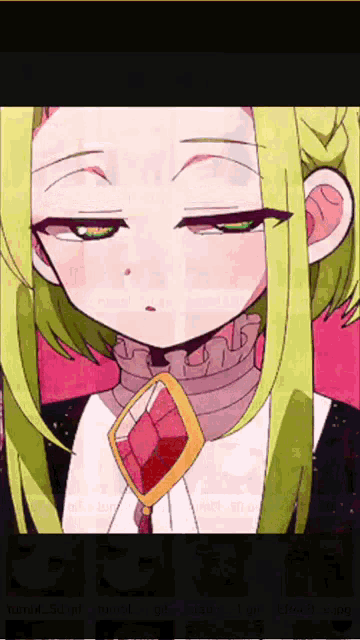 a drawing of a girl with green hair and a yellow necklace