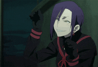a cartoon character with purple hair and a red ribbon around her neck