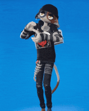 a cartoon character wearing a black shirt with a skull on it