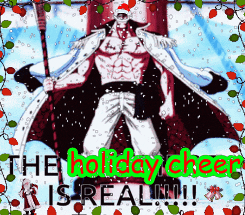 a picture of a man in a santa hat with the words " the holiday cheer is real "