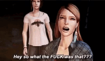 two women are standing next to each other and one of them is saying `` hey so what the fuck was that ?? ''