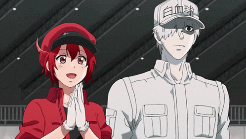 a man and a woman are standing next to each other with one wearing a hat that says ' 白血球 '
