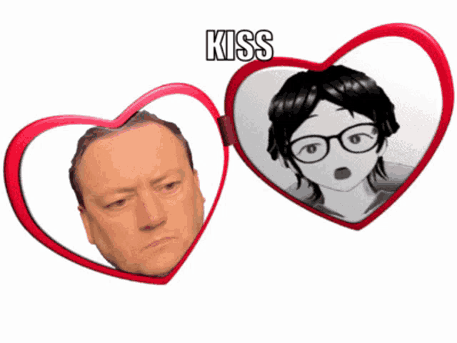 two heart shaped mirrors with a man 's face and a woman 's face and the word kiss above them