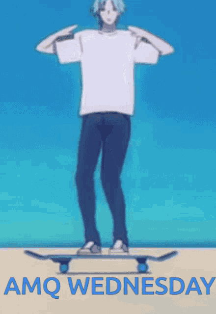 a man is standing on a skateboard with the words amq wednesday behind him