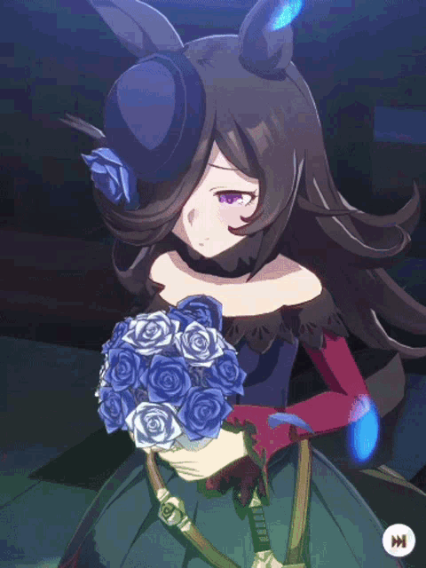 a girl in a black dress is holding a bouquet of blue and white roses
