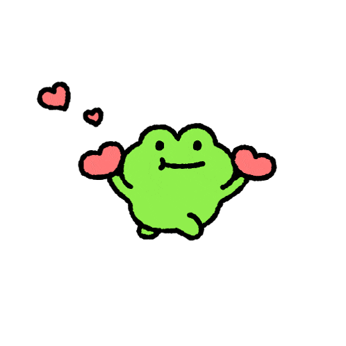 a green frog is holding two red hearts in its arms .