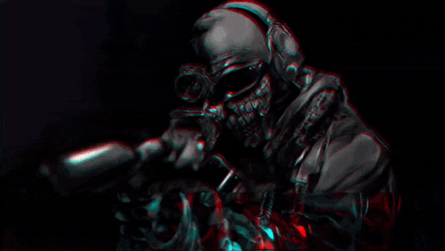 a man in a gas mask is holding a gun in a purple and green graphic .