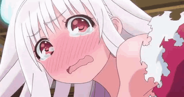 a close up of a anime girl with white hair and red eyes .
