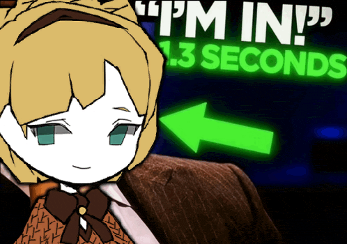 a cartoon character says " i 'm in " in front of a green arrow pointing up