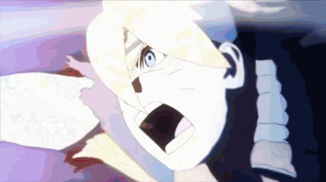 a close up of a person 's face in a cartoon with a purple background .