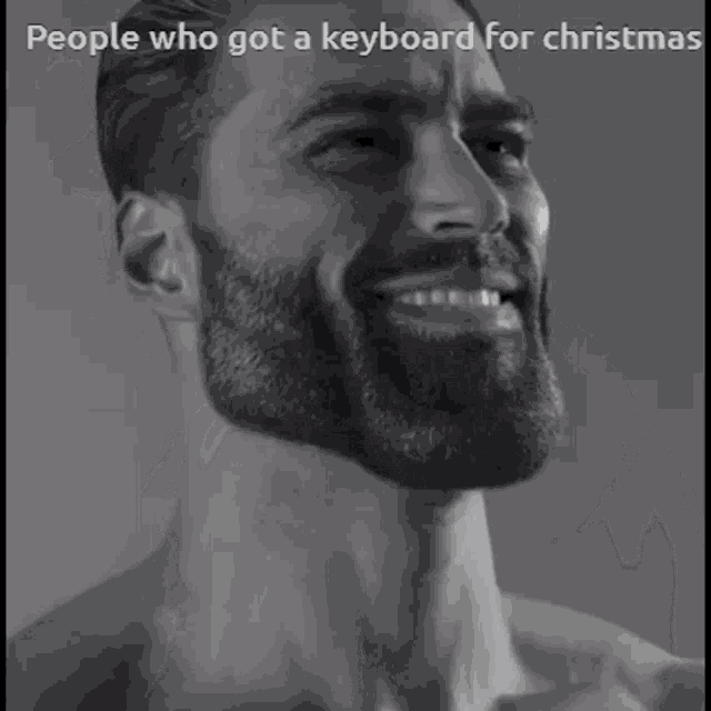 a shirtless man with a beard is sitting in a chair with his arms outstretched in a black and white photo .