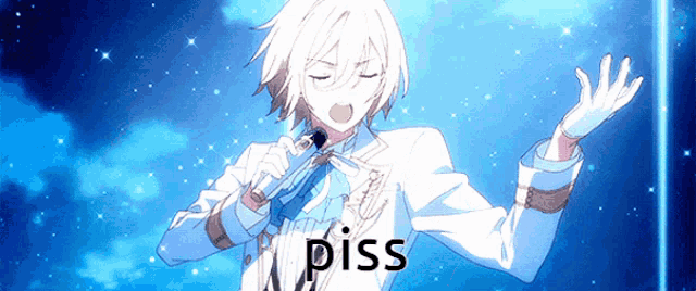 a white anime character is singing into a microphone with the word piss written on the bottom