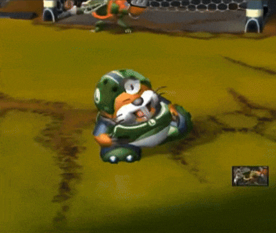 a cartoon character is wearing a green helmet with the letter o on it