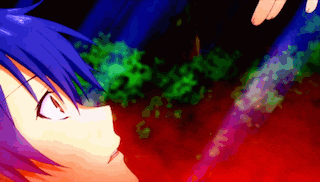 a blue haired anime character with a red sword