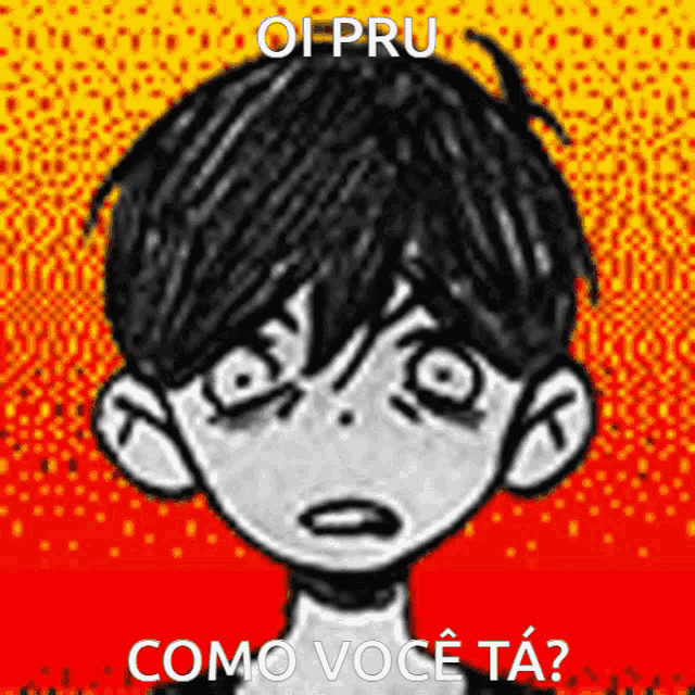a black and white drawing of a boy with the words " oi pru como você ta " below it