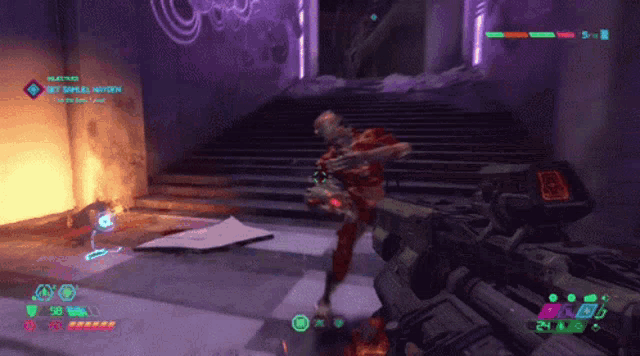 a video game screen shows a skeleton with a gun and a purple background