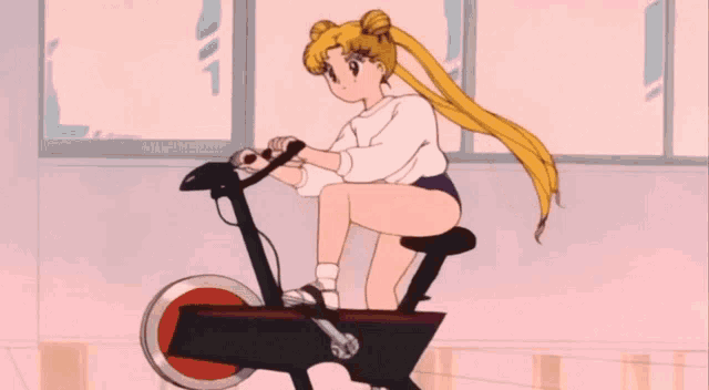 a cartoon girl is riding an exercise bike in a gym
