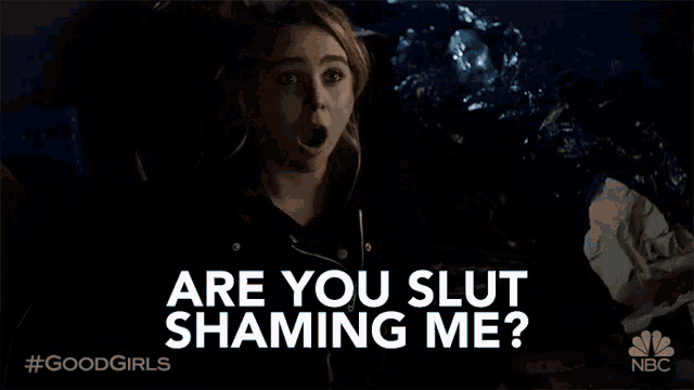 a woman is sitting in front of a pile of trash and says `` are you slut shaming me '' .