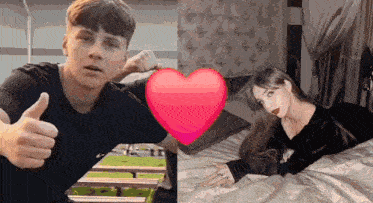 a man giving a thumbs up next to a woman laying on a bed with a heart in the background .