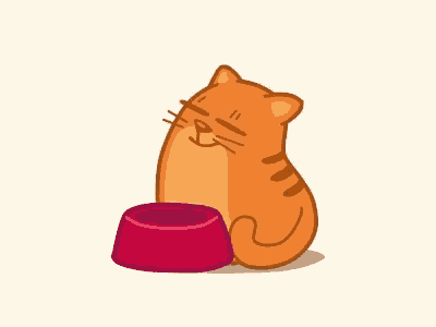 an orange cat is sitting next to a red bowl of food .