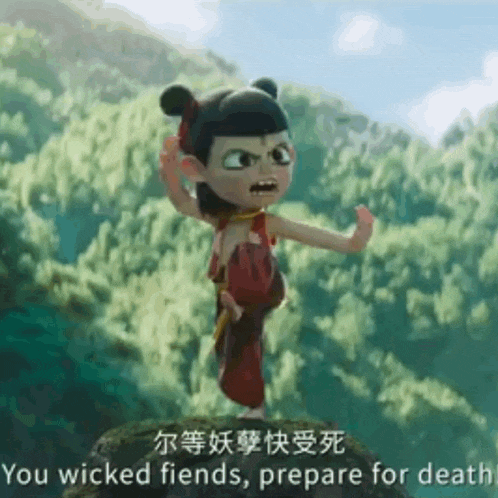 a cartoon character is standing on top of a rock in a forest with chinese writing on it .