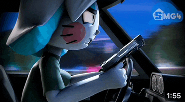 a cartoon character is driving a car and holding a gun in her hand