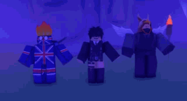 a group of roblox characters standing next to each other in a dark room .