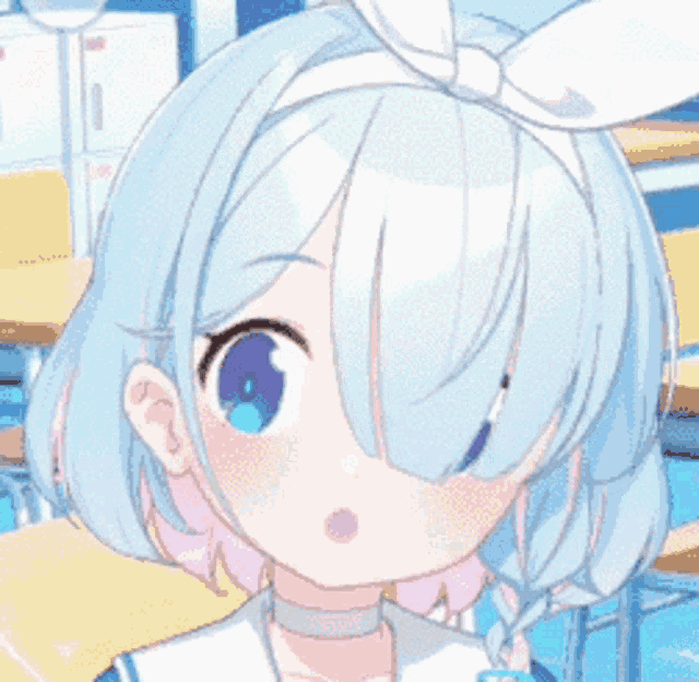 a close up of a blue haired anime girl with a bow on her head