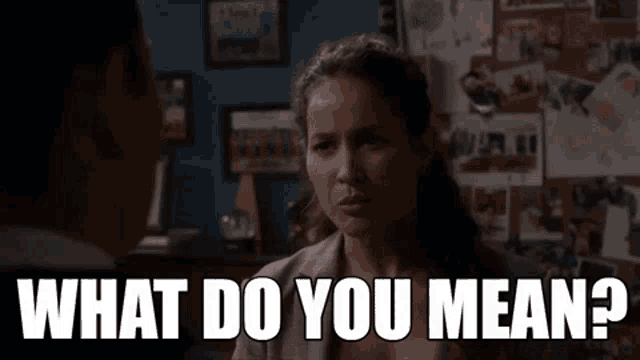 a woman is talking to a man in a room and says what do you mean .