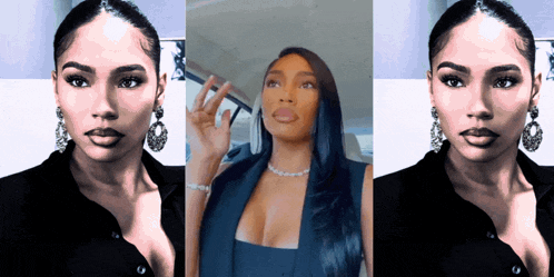 three images of a woman with long black hair