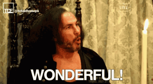 a man sitting in a chair with the word wonderful on his face
