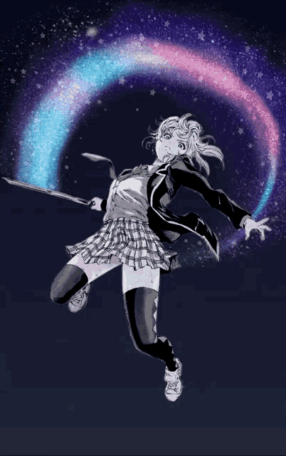 a girl in a plaid skirt is jumping in the air