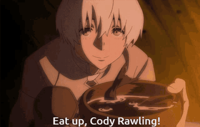 a boy is holding a bowl of soup with the words eat up cody rawling written below him