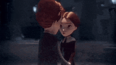 a man and a woman are kissing in a cartoon scene .