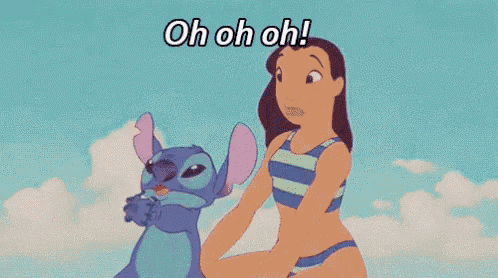 a cartoon of a woman in a bikini sitting next to stitch .