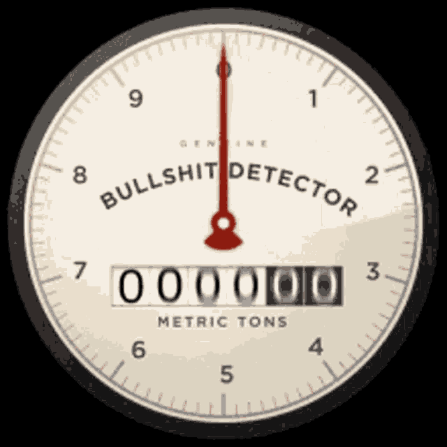 a bullshit detector has a red needle pointing to the number 2