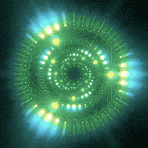 a green and blue swirl with circles and dots on a dark background