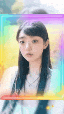a woman with a rainbow colored frame around her face