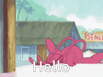 a pink cartoon character is laying down and says hello in front of a store