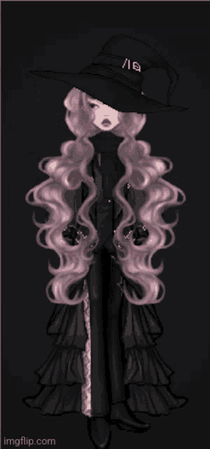 a drawing of a girl with long pink hair wearing a black hat that says / 18